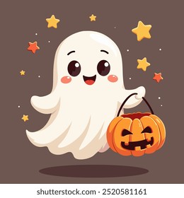 Um fantasma segurando uma abóbora para o Halloween. O fantasma tem uma expressão divertida, e a abóbora é esculpida com um clássico rosto de jack-o’ lanterna. Ilustração vetorial.