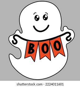 GHOST HOLDING A RIBBON CORD WITH THE WORD BOO