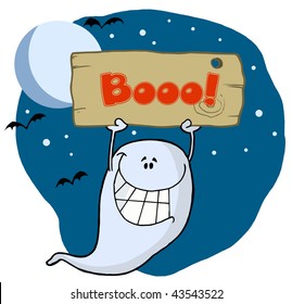 Ghost Holding Up A Wooden Boo Sign