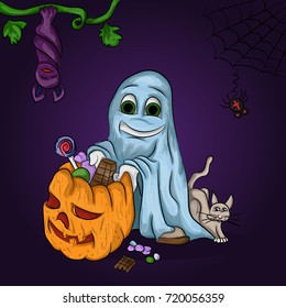 A ghost holds a Halloween pumpkin with sweets