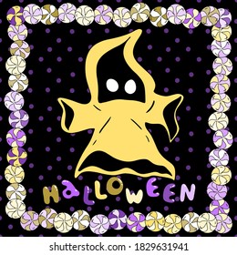 Ghost in the hood for Halloween. Lollipop frame. Lettering.