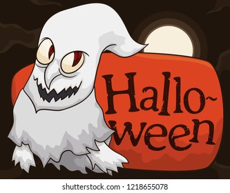 Ghost with hook nose, ragged clothes and a sign, lurking in a night of Halloween with full moon ready to celebrate this annual holiday.