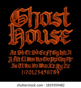 Ghost House alphabet font. Uppercase and lowercase gothic letters and numbers. Hand drawn vector typography for your Halloween typography.