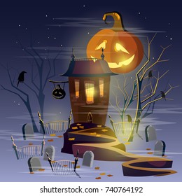 Ghost house. Halloween party. Mystical background. Terrible abandoned cemetery in fog. Gothic castle, night of Halloween 