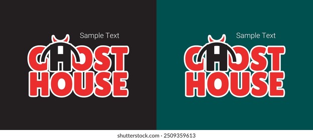 Ghost House Logo mit einem kreativen Design, das eine spukende Haus Silhouette und eine teuflische Figur kombiniert. Das rote und schwarze Farbschema verstärkt das unheimliche, gespenstische Thema, perfekt für Horror-bezogene Branding