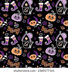 Ghost house on a scary night. Halloween characters. Kid print. seamless print.
