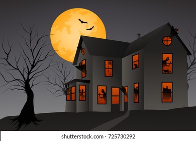 Ghost house and scare tree in the night graphic vector