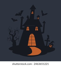 Ghost house silhouette. Halloween haunted house, spooky monsters gloomy house flat vector illustration. Cartoon creepy house with ghosts