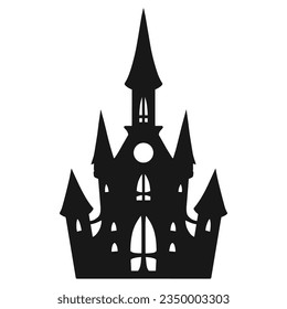 Ghost house silhouette label monochrome with fantasy building where sorcerers and witches live for Halloween banner design vector illustration