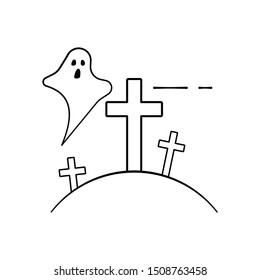 Ghost hovering over tombs in a cemetery. Halloween concept. Thin line.