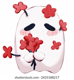 A ghost hugs a red flower and there is a flower on a white ghost