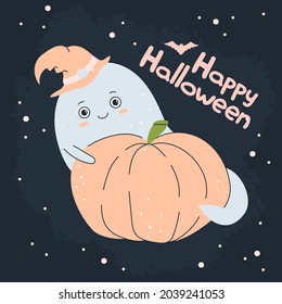 Ghost humor character vector illustration on a dark background. Transparent Ghost in a hat and with a pumpkin for Halloween decoration