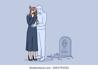 Ghost of husband supports widow crying at grave of deceased groom and suffering from loneliness. Widow girl stands in despair near gravestone in cemetery and needs help from loved ones