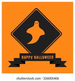Ghost Icon. Black Happy Halloween Ribbon Banner on Orange background. Vector illustration