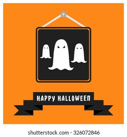 Ghost icon, Black Happy Halloween Ribbon Banner on Orange background. Vector illustration