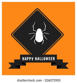 Ghost icon. Black Happy Halloween Ribbon Banner on Orange background. Vector illustration