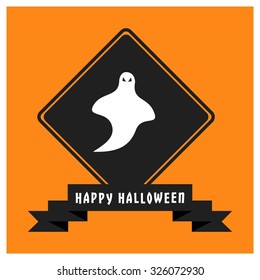 Ghost icon. Black Happy Halloween Ribbon Banner on Orange background. Vector illustration