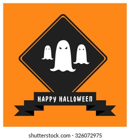 ghost icon, Black Happy Halloween Ribbon Banner on Orange background. Vector illustration