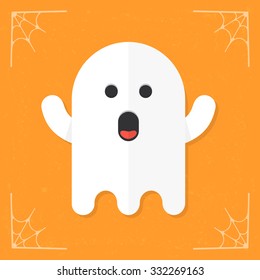 Ghost icon. Cute white cartoon ghost. Halloween illustration isolated on stylized orange background. Vector illustration