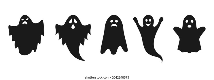 Ghost icon set with cute cartoon spooky, scary, happy and funny faces. Halloween symbol. Vector illustration.