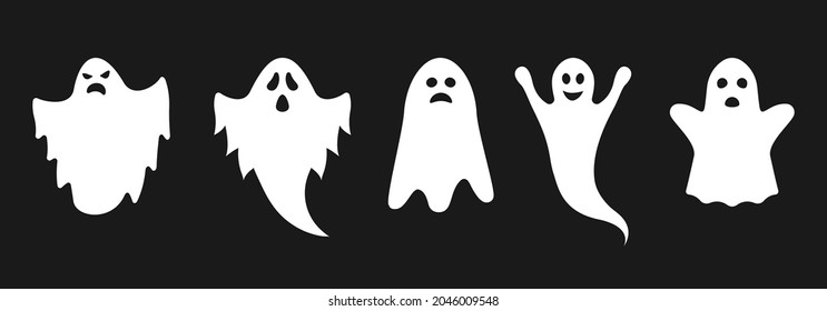 Ghost icon set with cute cartoon spooky, scary, happy and funny faces. Halloween symbol. Vector illustration.