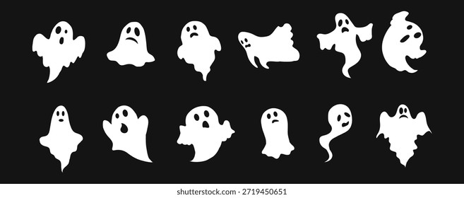 Fantasma, icono de fantasma, conjunto de fantasmas de miedo sobre un fondo negro. Vector, ilustración de dibujos animados, cartel, postal. Vector.