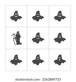 ghost icon set. ghost silhouette set. ghost emoticon set. grim Reaper silhouette