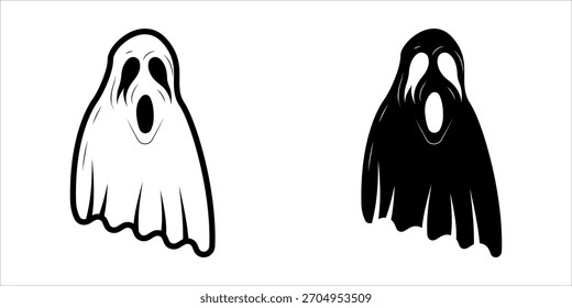 Ícone fantasma definido. Esta ilustração minimalista mostra uma silhueta fantasma em preto e branco. É um ícone de aparição simples e assustadora adequado para projetos de Halloween ou temas sobrenaturais.