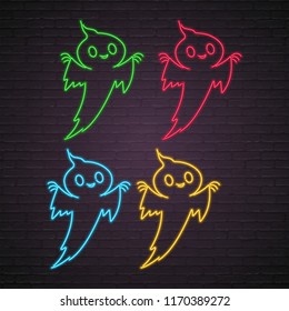 Ghost Icon Silhouette Set Neon Light Glowing Vector Illustration with Dark Background