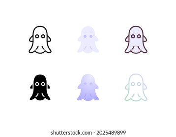 Icono de fantasma en seis estilos, contorno, plano, contorno de color, glifo, gradiente plano y estilo de línea de gradiente. Adecuado para el evento de Halloween.