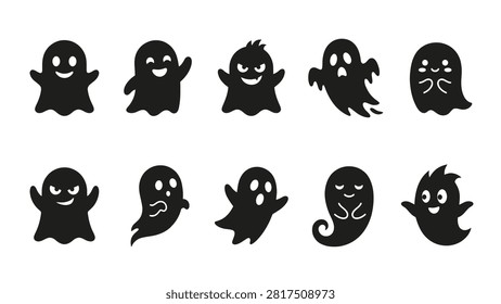 Ghost icons collection featuring various hairstyles and expressions like angry, happy, and worried. Perfect for Halloween designs, these black and white ghosts bring a fun and eerie touch to any project