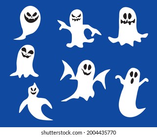 Ghost icons. Scary ghost characters, fly funny spook, cute smiling scare halloween ghost mascots vector illustration set. Halloween ghost white, spooky cartoon poltergeist