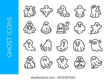 Ghost icons. Set of 20 ghost trendy minimal icons. Example: Cat, Sheet, Tombstone, Scream, Flying icon. Design signs for web page, mobile app, packaging design. Vector illustration