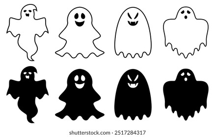 Ghost icons set. Cute ghost characters. Funny ghost signs in line and solid style. Design elements for logo, badges, banners, labels, posters