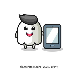 ghost illustration cartoon holding a smartphone , cute style design for t shirt, sticker, logo element