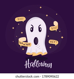 Ghost illustration with text bubble, message, handwritten sign Halloween. Vector stock illustartion for Halloween decoretion, create print card, invitation, poster, banner.