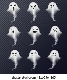 Ghost image of vapor steam smoke realistic spooky emotions icons collection against dark transparent background vector illustration  