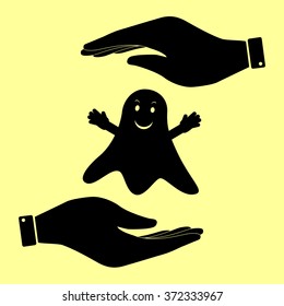 Ghost isolated sign. Save or protect symbol by hands.