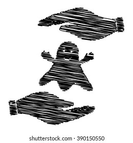 Ghost isolated sign. Save or protect symbol by hands with scribble effect.