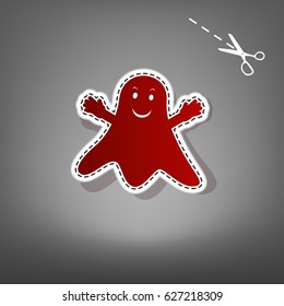 Ghost isolated sign. Vector. Red icon with for applique from paper with shadow on gray background with scissors.