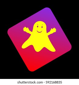 Ghost isolated sign. Vector. Yellow icon at violet-red gradient square with rounded corners rotated for dynamics on black background.