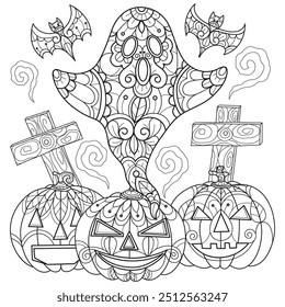 Ghost and Jack 'o lantern hand drawn for adult coloring book