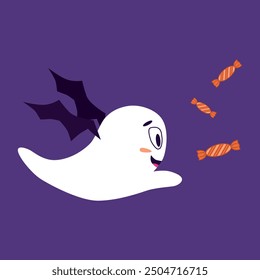 Fantasma. Un fantasma alegre con alas de murciélago atrapa caramelos. Ilustración vectorial para el diseño y el Web.