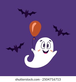 Ghost. Joyful bringing of a balloon and flying around bat. Halloween. Vector illustration for design and web.