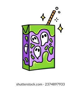 Ghost juice box with straw. A magical drink for Halloween. Witch's potion. Graphic element on a white background. Vector illustration.