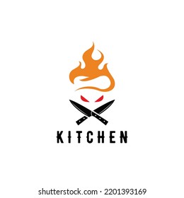 ghost kitchen chef cross knife with fire flame hat restaurant logo design