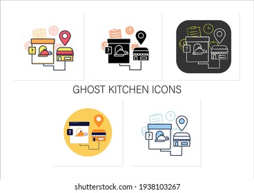 Ghost kitchen icons set. Preparation delivery-only meals. Contain kitchen more than one restaurant brand.Collection of icons in linear, chalk, flat, color, glyph styles.Isolated vector illustrations