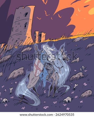 Ghost knight on the horseback at an old ancient fortress. Fantasy art hand drawn vector illustration