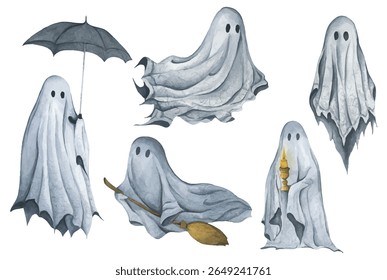 Ghost in Lace Cloth. Cute and Spooky Characters for Halloween Celebration. Watercolor illustration.