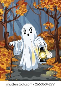 Ghost with Lantern and Stick Floating Through the Forest During All Hallows Eve. Spooky Cartoon Illustration